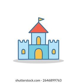 Flat purple castle icon with battlements and a flag, designed in vector format. Great for storybook graphics, children’s apps, game UI, educational content, or fantasy themes.