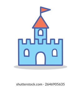Flat purple castle icon featuring a top tower and flag. Great for children's content, toy packaging, game UIs, educational apps, or whimsical web elements.