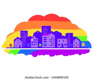 Flat purple city consisting of simple shapes against the rainbow sky. LGBT pride. Urban silhouette consisting of buildings, trees, roofs, Windows, doors, streets. Vector illustration.