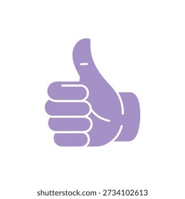 A flat, purple hand icon showing a thumbs up, representing approval and positivity.