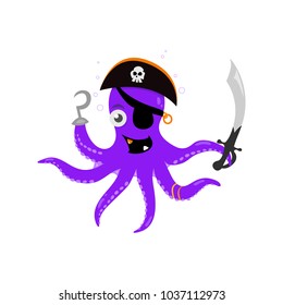 Flat purple octopus pirate, Vector cartoon