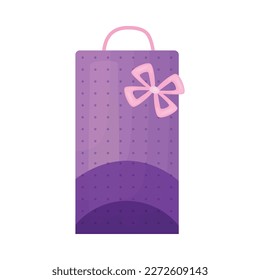 Flat purple paper gift bag with bow vector illustration