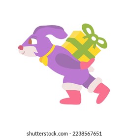flat purple rabbit carries a gift box, isolated vector illustration on white background