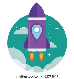 Flat purple rocket ship launched to the space