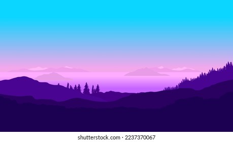 Flat purple vector landscape - Nature scene in lilac and blue colour of horizon with trees and sea