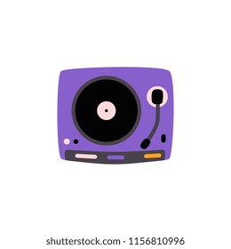 Flat purple vintage vinyl player with needle or dj club turnable equipment icon. Retro sound equipment, musical playing tool for party. Vector illustration