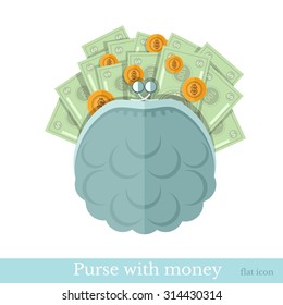 flat purse or pouch with gold coins and bill on white