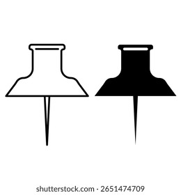 Flat push pin icon set in outline and solid fill styles, vector EPS10. Represents thumbtack or map pin used for notes, reminders, task boards, interface markers, office tools, digital navigation aids.