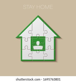 Flat Puzzle house Stay Home presentation. Stay Home puzzles 9 pieces kit banner. Vector Infographic template