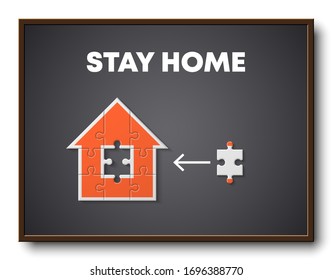 Flat Puzzle house Stay Home presentation. Stay Home puzzles 9 pieces kit banner. Vector Infographic template