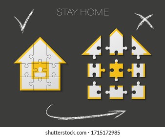 Flat Puzzle house Stay Home presentation. Stay Home puzzles 9 pieces kit banner. Vector Infographic template