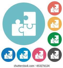 Flat puzzle icon set on round color background.