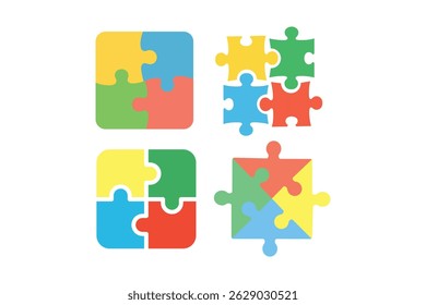 Flat Puzzle Icon set for Teamwork Concept, colorful puzzle pieces vector icon, problem solving puzzle illustration