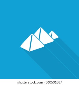 Flat Pyramids icon with long shadow on blue backround