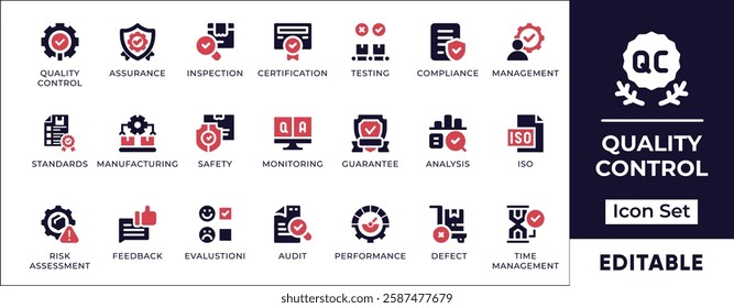 Flat quality control icon set featuring product inspection, assurance, testing, certification, compliance, standards, and quality management processes.