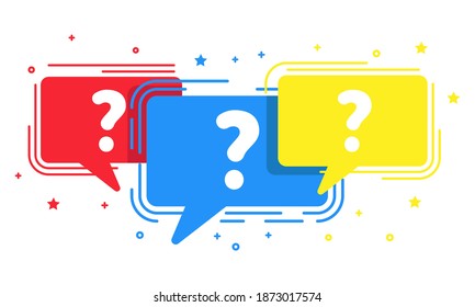 Flat question mark in speech bubble background multicolored. FAQ symbol flying bubbles with question vector illustration