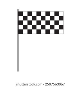 Flat race flag with checkered black and white print. Start or finish symbol on sport car competition. Rally or motocross props. Victory, trophy or success sign. Vector graphic illustration.