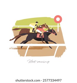 Flat race vector illustration, two horses competing on a race track
