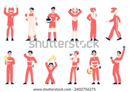 Flat racer characters. Racing drivers in uniform standing with golden cup. Sportsmen in different poses, racing cars rally pilots, recent vector set