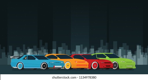 Flat racing car set in the night city. Street illegal racing. Vector. Eps 10