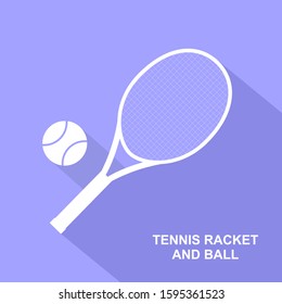 Flat racket style design and white silhouette tennis ball with long shadow. Vector illustration