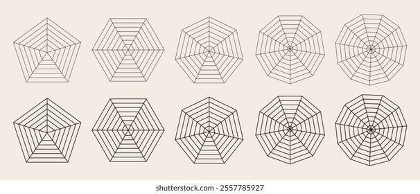 Flat Radar spider mesh diagram template. Blank radar charts. Pentagon, hexagon and heptagon graphs. Kiviat diagram for statistic and analitic. Vector illustration 