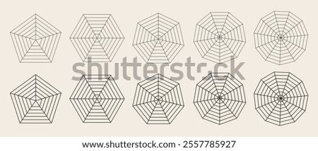 Flat Radar spider mesh diagram template. Blank radar charts. Pentagon, hexagon and heptagon graphs. Kiviat diagram for statistic and analitic. Vector illustration 