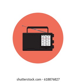Flat radio in red round on white background vector concept. Technology illustration in modern flat style. Color picture for design web site, web banner, printed material. 