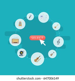 Flat Radio, Turntable, Fiddle And Other Vector Elements. Set Of Music Flat Symbols Also Includes Musical, Acoustic, Violin Objects.