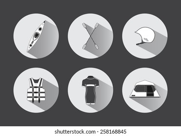Flat rafting icons in black and white with long shadows