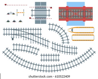 Flat railway elements set with train tracks of different shapes bridge traffic light barriers isolated vector illustration  
