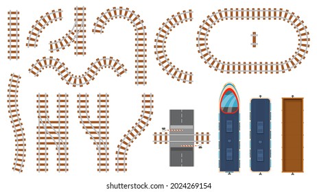 Flache Eisenbahn- und Schienenelemente Draufsicht. Gleiskartenbau, Bahnbarriere, geschwungene Bahnstraßen, Lokomotive und Güterwagenvektorsatz. Illustration der Gleiskurve, der Bahnstrecke