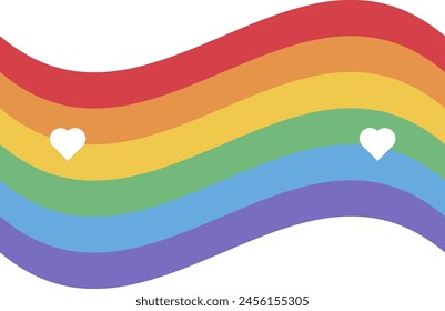 Flat Rainbow flag with hearts in rainbow stripped colors. LGBT party icon for design of card or invitation. Multicolored vector symbol isolated on white background