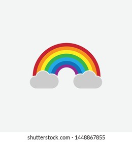 Flat rainbow icon. Rainbow with clouds on bright background. Vector illustration 