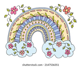Arcoiris plano con patrones. Un fenómeno natural. Nubes de flores. Cielo después de la lluvia. Ilustración vectorial dibujada a mano. Dibujo del arcoiris.