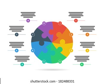 Flat rainbow spectrum colored eight sided puzzle presentation infographic template with explanatory text field isolated on white background