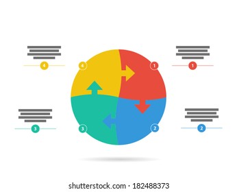 Flat rainbow spectrum colored four sided arrow puzzle presentation infographic vector graphic template with explanatory text field isolated on white background