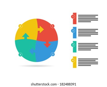Flat rainbow spectrum colored four sided arrow puzzle presentation infographic vector graphic template with explanatory text field isolated on white background