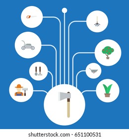 Flat Rake, Green Wood, Axe And Other Vector Elements. Set Of Gardening Flat Symbols Also Includes Grower, Tree, Fruit Objects.