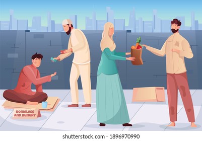 Flat ramadan charity background with muslim people giving money and food to hungry and homeless vector illustration