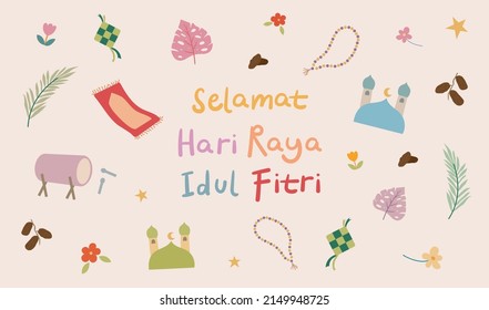 Flat ramadan eid al-fitr - hari raya aidilfitri elements pastel color cute illustration premium Vector for landing page, greeting card, envelope, social media post