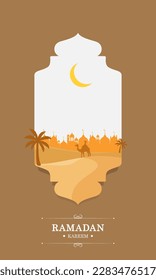 Flat Ramadan Kareem background template with Mosque, moon, palm tree, and camel for instagram stories and greetings card.
