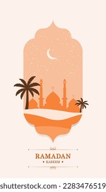 Flat Ramadan Kareem background template with Mosque, stars, moon, and palm tree for instagram stories and greetings card.