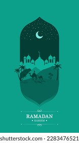 Flat Ramadan Kareem background template with Mosque, palm tree, camels, stars, and crescent moon, for instagram stories and greetings card.