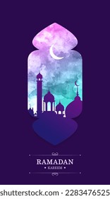 Flat Ramadan Kareem background template with Mosque, stars, crescent moon, and sky with watercolor style for instagram stories and greetings card.