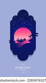 Flat Ramadan Kareem background template with Mosque, big full moon, camels, trees, stars, and night sky for instagram stories and greetings card.