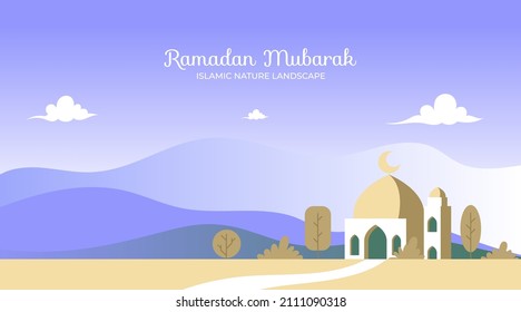 Flat Ramadan kareem banner card with mosque landscape