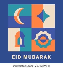 Flat Ramadan Kareem greeting card: mosaic with Islamic motifs: arch, crescent moon, geometric pattern, lantern, decorative stars. Eid Mubarak modern poster, trendy banner in orange, teal, beige, blue.