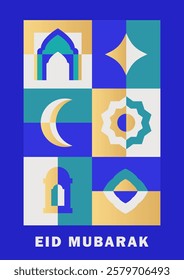 Flat Ramadan Kareem greeting card: mosaic with Islamic motifs: arch, crescent moon, geometric pattern, lantern, decorative stars. Eid Mubarak modern poster, trendy banner in golden, teal, white, blue.