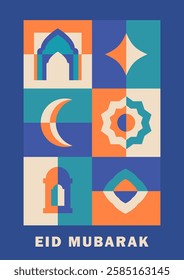 Flat Ramadan Kareem greeting card: mosaic with Islamic motifs: arch, crescent moon, geometric pattern, lantern, decorative stars. Eid Mubarak modern poster, trendy banner in orange, teal, beige, blue.